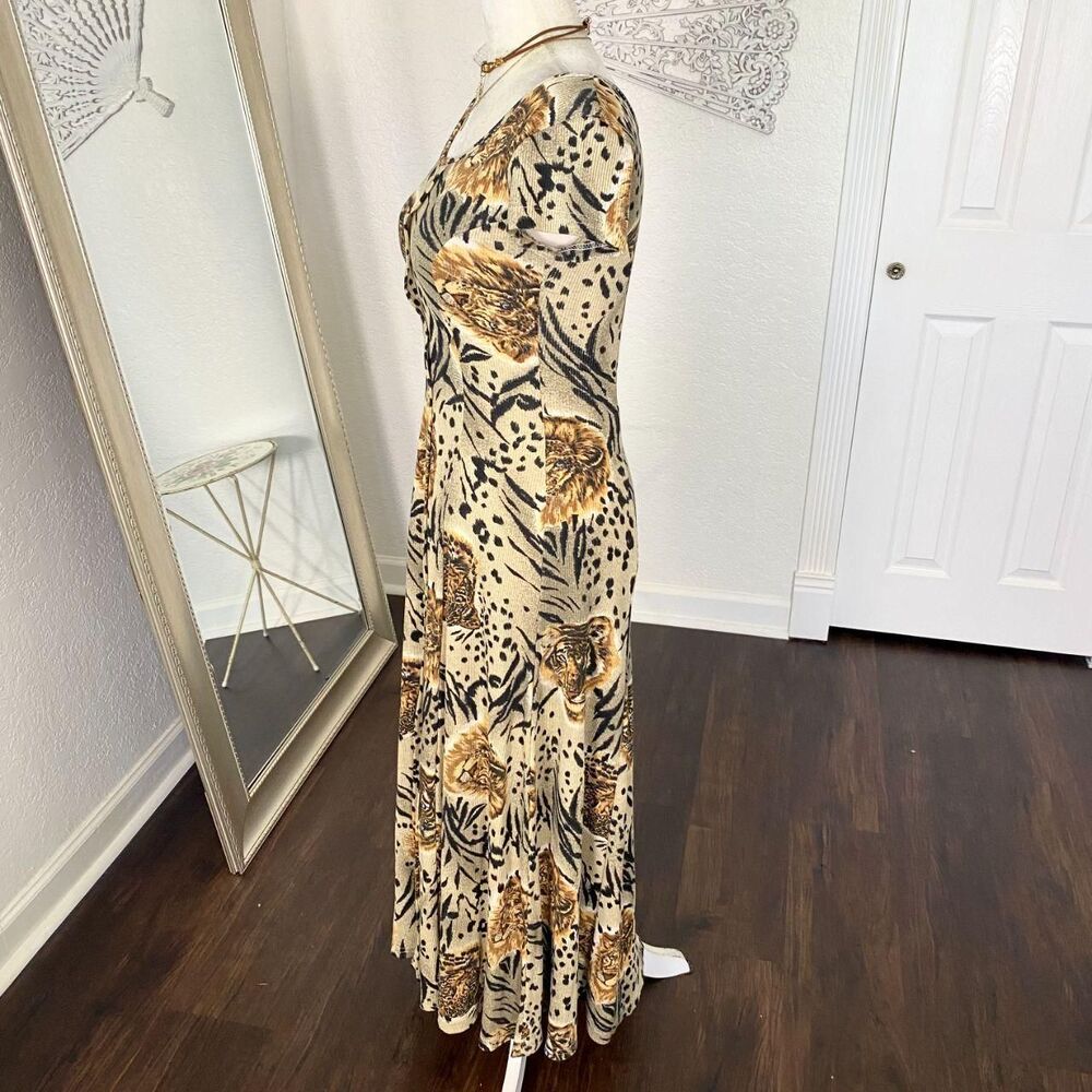 Vintage La Fete Ribbed Button Front Midi Dress Lion Tiger Portrait Print S - Picture 5 of 8